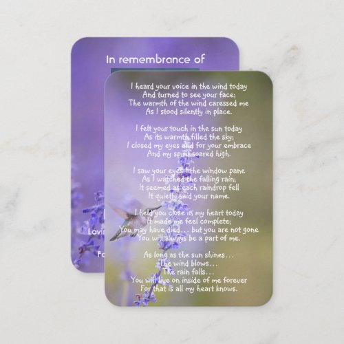 Memorial Photo Prayer Lavender Hummingbird Garden  Business Card