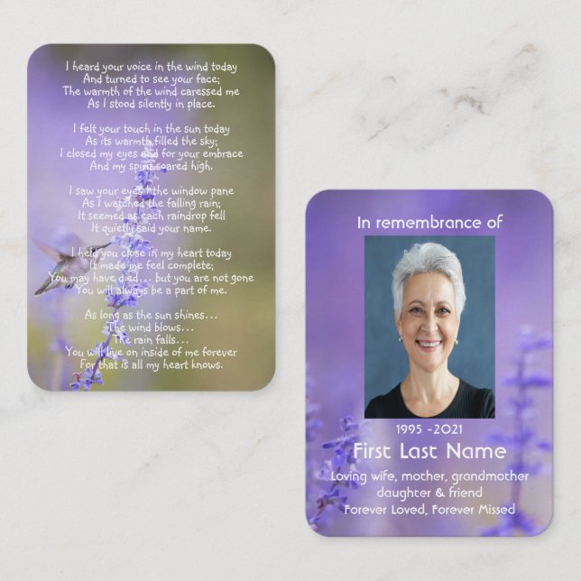 Memorial Photo Prayer Lavender Hummingbird Garden  Business Card (Front/Back)