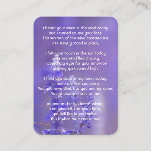 Memorial Photo Prayer Lavender Hummingbird Garden Business Card