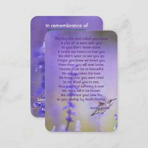 Memorial Photo Prayer Lavender Hummingbird Garden  Business Card