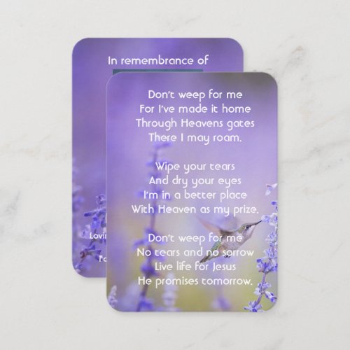 Memorial Photo Prayer Lavender Hummingbird Garden  Business Card