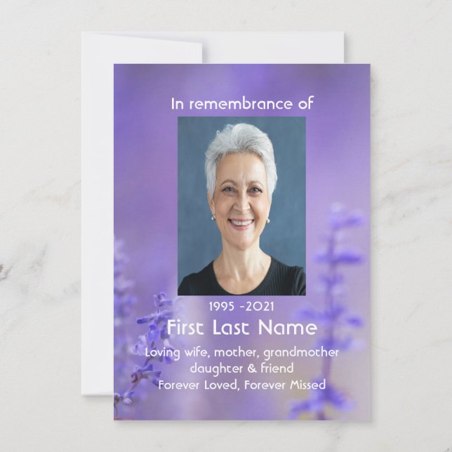 Memorial Photo Prayer Lavender Hummingbird Garden  Note Card (Back)