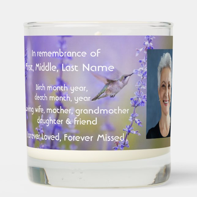 Memorial Photo Prayer Lavender Hummingbird Garden Scented Candle (Back)