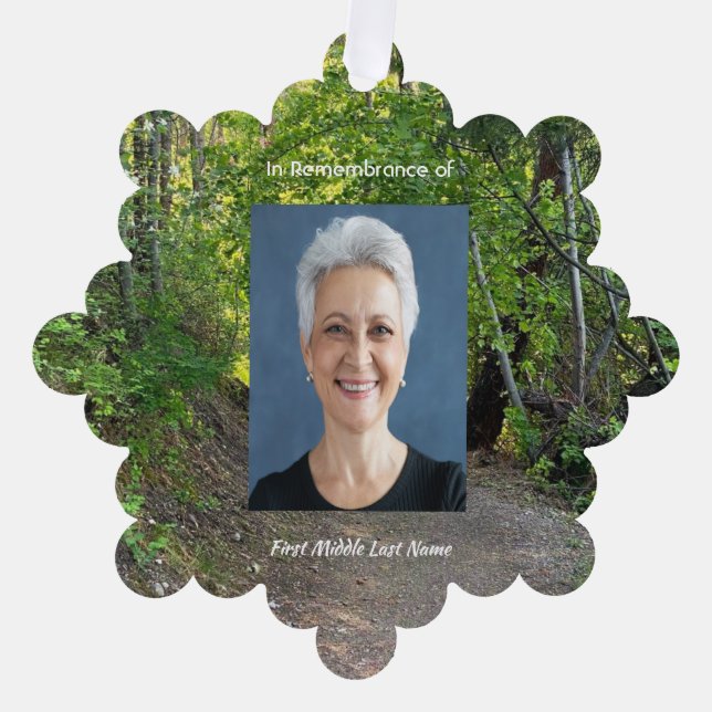 Memorial Photo Prayer Path Trail Forest Trees  Ornament Card (Front)
