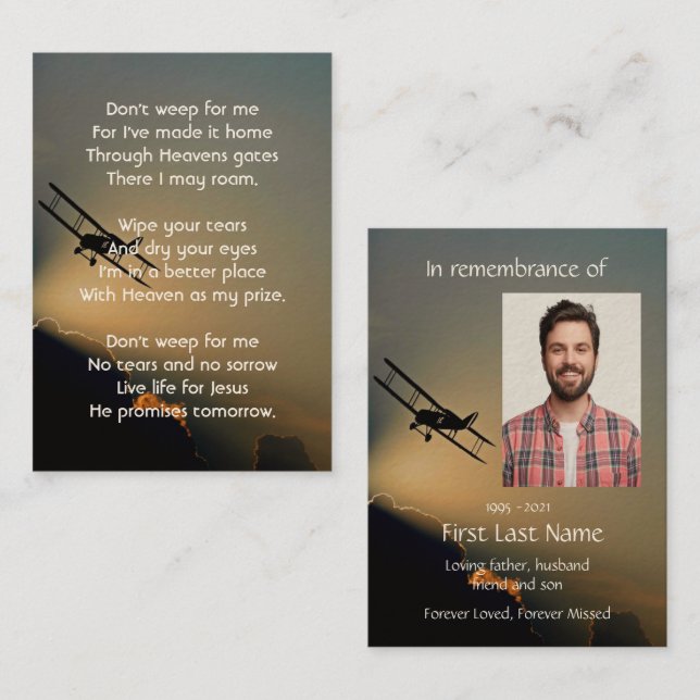 Memorial Photo Prayer Pilot Airplane Flying  Business Card (Front/Back)
