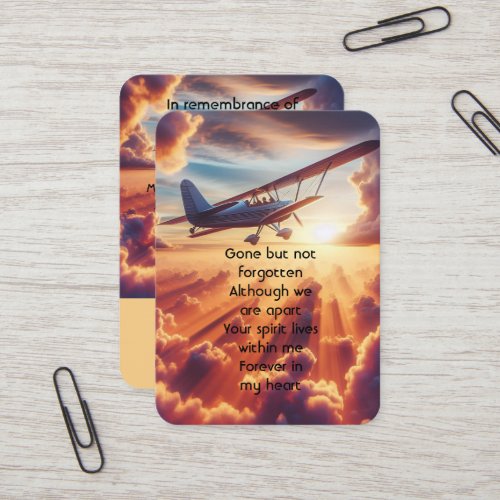 Memorial Photo Prayer Pilot Airplane Flying Sunset Business Card