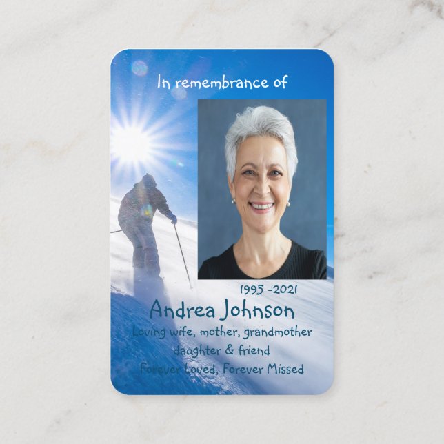 Memorial Photo Prayer Skiing Skier Ski Mountain  Business Card (Back)