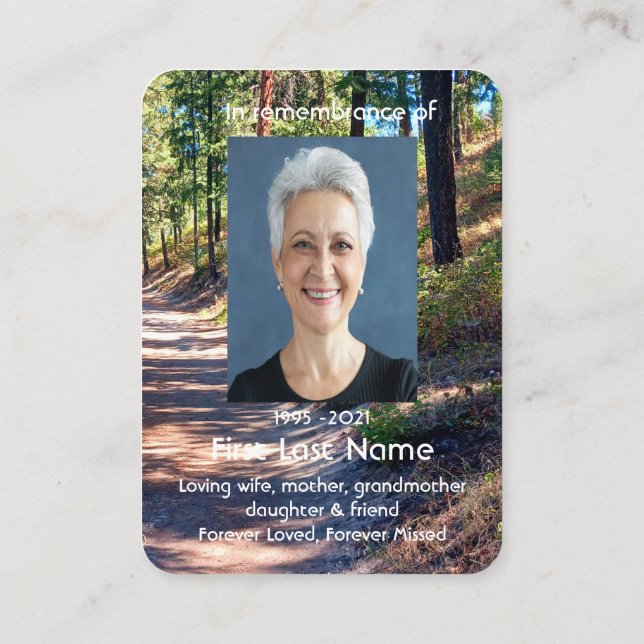 Memorial Photo Prayer Walk Forest Trees Wilderness Business Card (Back)