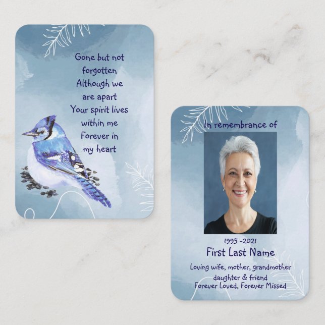 Memorial Photo Prayer Watercolor Bluejay Garden  Business Card (Front/Back)