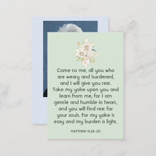 Memorial Photo Prayer White Roses Garden Bouquet  Business Card