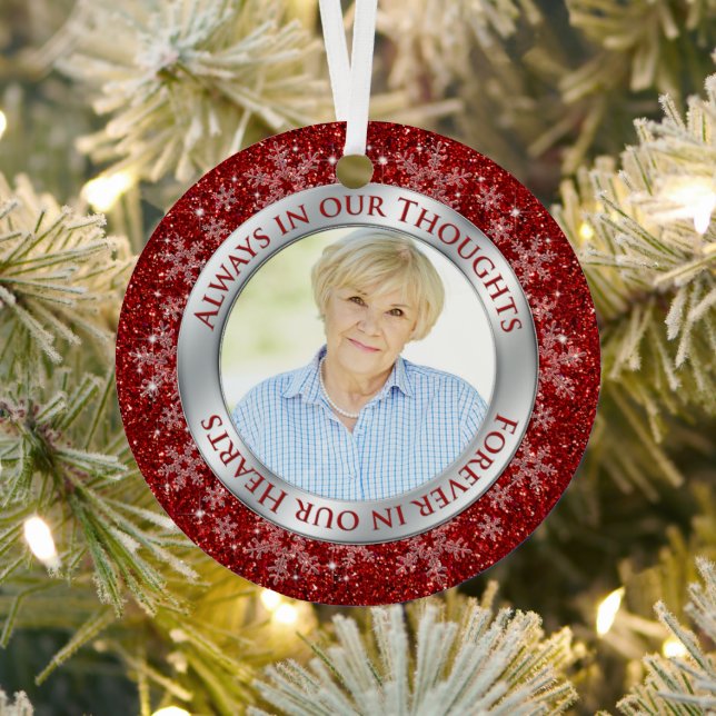 Memorial Photo Red Always in our Thoughts Xmas Metal Ornament (Insitu)
