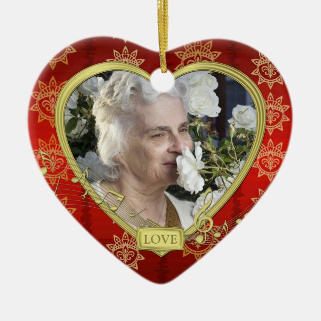 Memorial Photo Red Gold Music Heart Christmas Ceramic Ornament (Front)