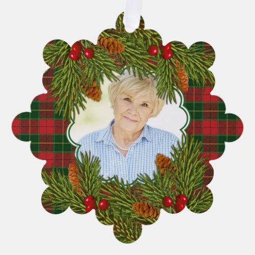 Memorial Photo Tartan Plaid Pine Boughs Christmas Ornament Card
