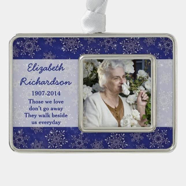Memorial Photo Template Christmas Snowflake Blue Ornament (Front)