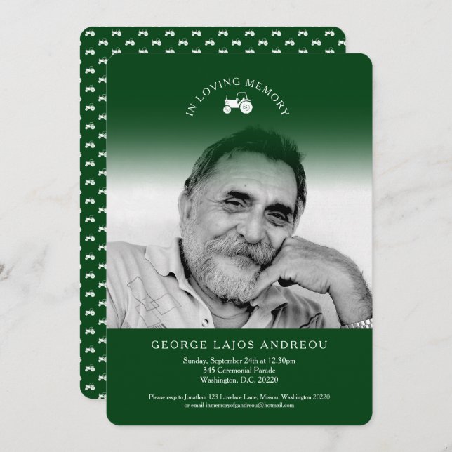 Memorial photo tractor green funeral invitations (Front/Back)