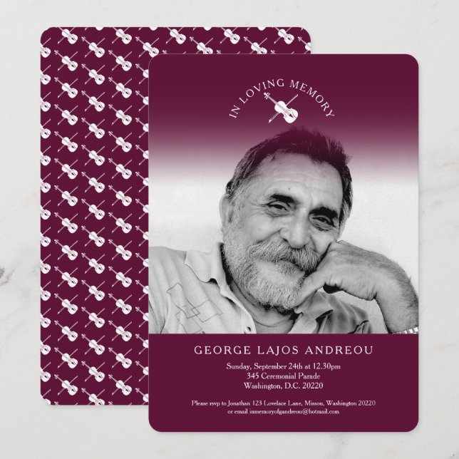 Memorial photo violin orchestral funeral invites (Front/Back)
