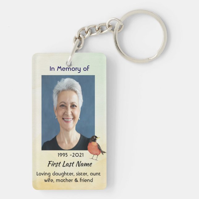 Memorial Photo  Watercolor Robin Garden Bird Keychain (Back)