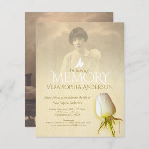 Memorial photo white rose bud funeral announcement