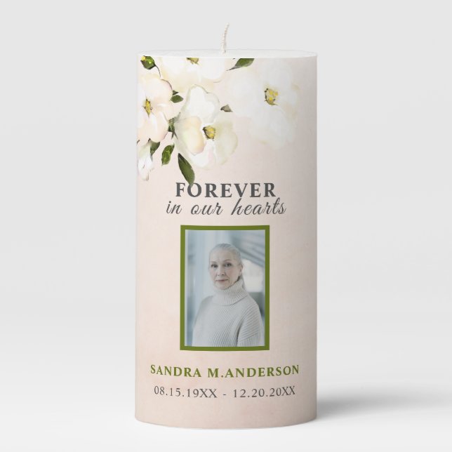  Memorial Photo White Rose Pink Pillar Candle (Front)