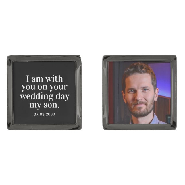 Memorial Photo With You Son Groom Wedding Black Cufflinks (Front)