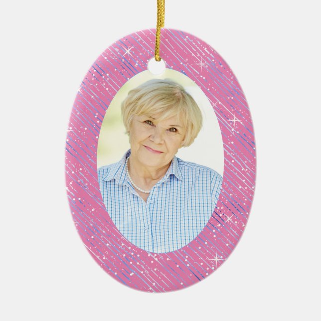 Memorial Pink Blue Stripes Oval Photo Christmas Ceramic Ornament (Front)