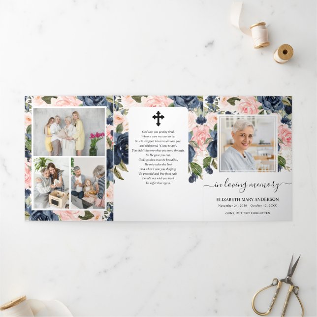 Memorial Pink Navy Watercolor Floral Funeral Tri-Fold Program (Outside)