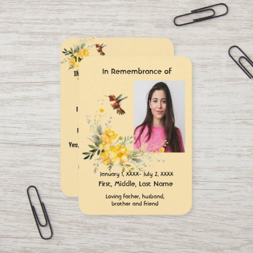 Memorial Pocket Card Hummingbird Yellow Roses 