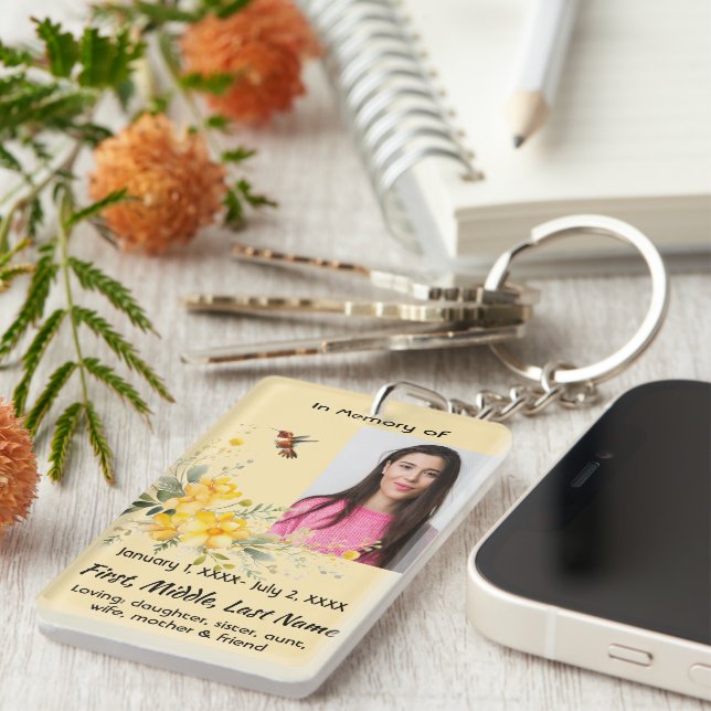 Memorial Pocket Card Hummingbird Yellow Roses  Keychain (Front Right)