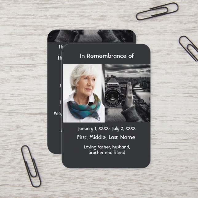Memorial Pocket Card Photographer (Front/Back In Situ)