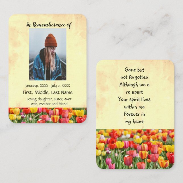 Memorial Pocket Keepsake Tulips Garden Flowers Business Card (Front/Back)