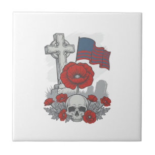 Memorial Poppy Flag Cross Vintage Engraving Vector Ceramic Tile