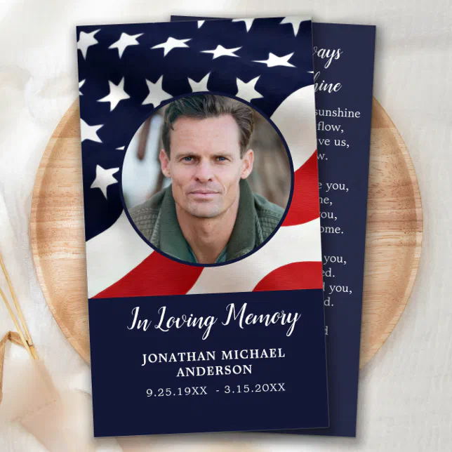 Memorial Prayer Card American Flag Veteran Funeral | Zazzle