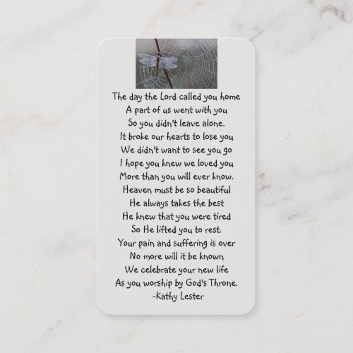 Memorial Prayer Card Dragonfly Dewdrops