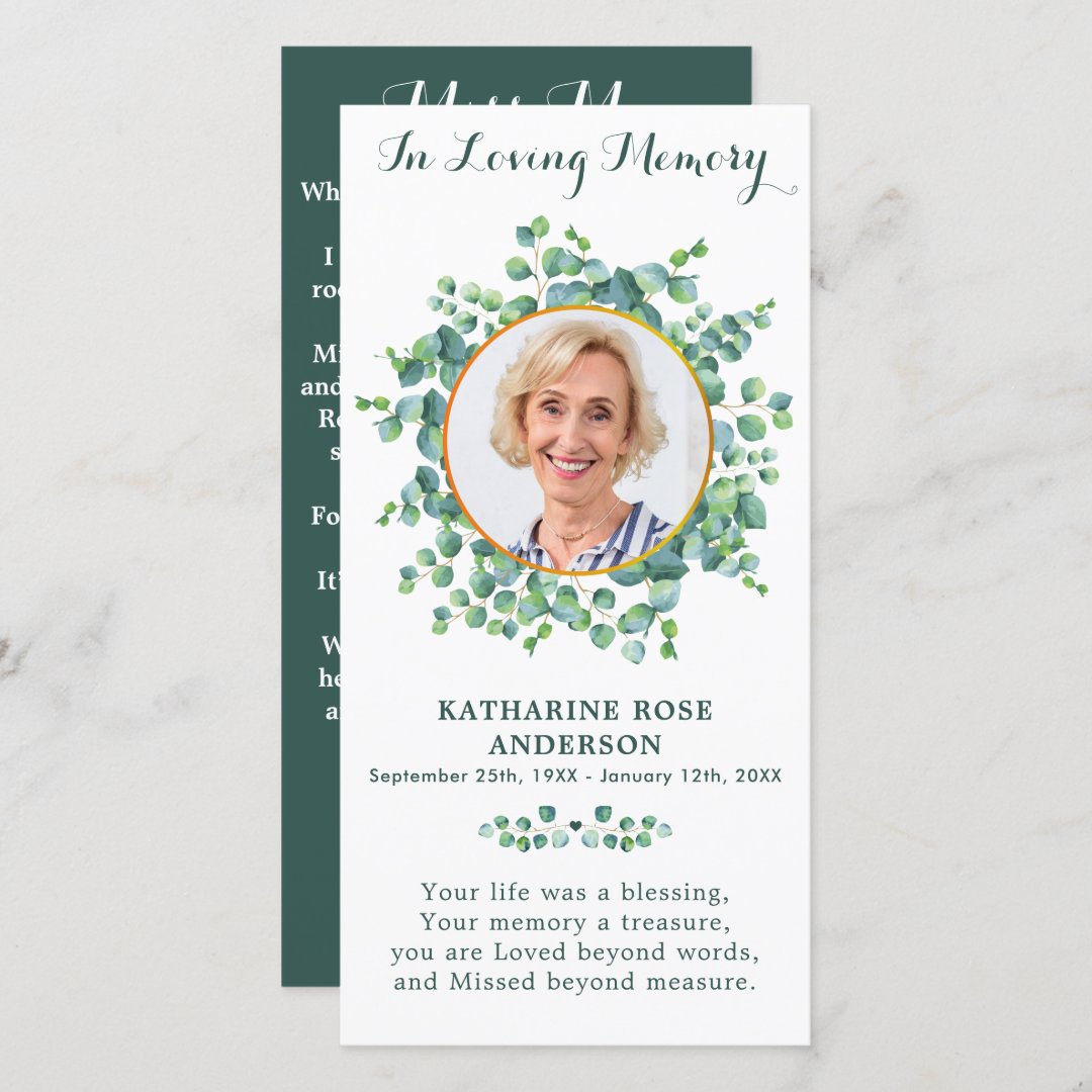 Memorial Prayer Card Funeral Bookmark Greenery | Zazzle