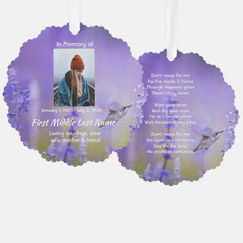 Memorial Prayer Card Hummingbird Lavender Flowers