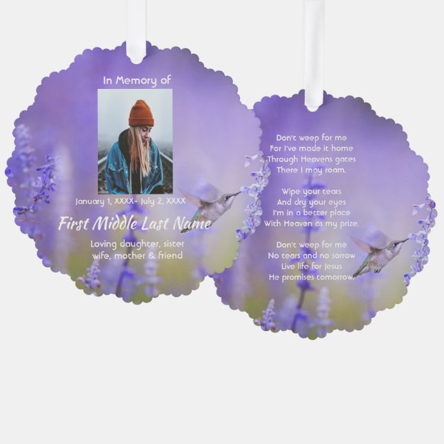 Memorial Prayer Card Hummingbird Lavender Flowers (Front/Back)