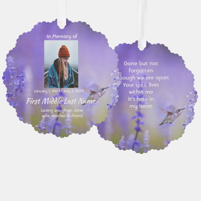 Memorial Prayer Card Hummingbird Lavender Flowers (Front/Back)