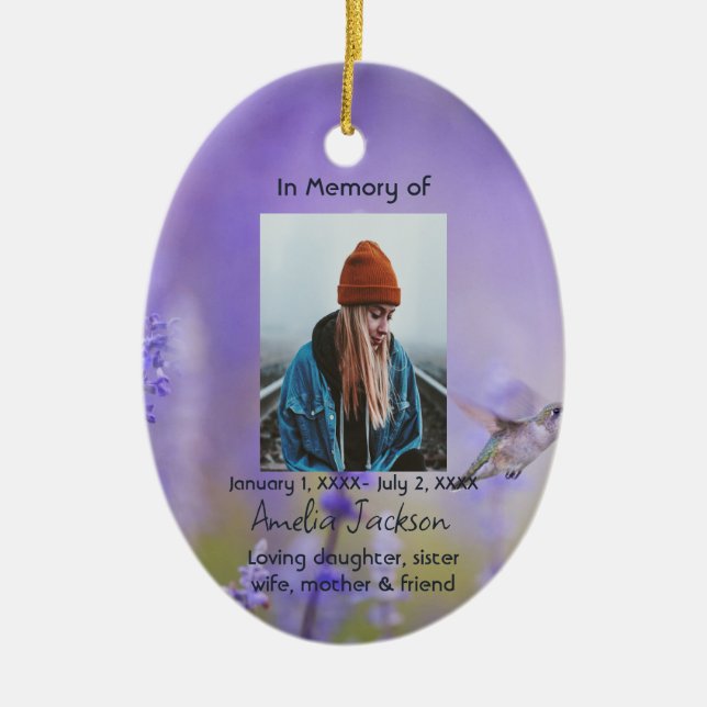 Memorial Prayer Card Hummingbird Lavender Flowers Ceramic Ornament (Front)
