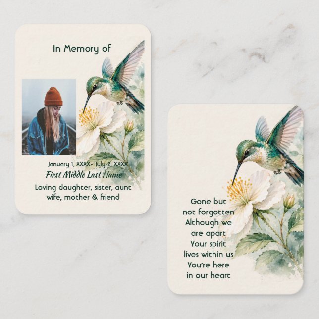 Memorial Prayer Card Hummingbird White Flowers (Front/Back)