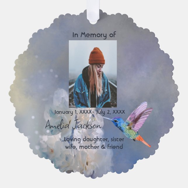 Memorial Prayer Card Hummingbird White Flowers (Front)