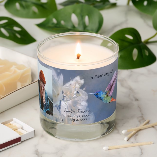 Memorial Prayer Card Hummingbird White Flowers Scented Candle (Lit)