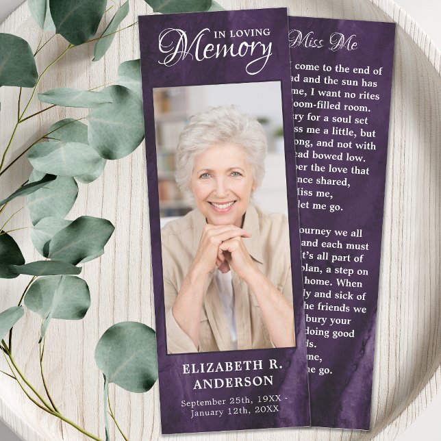 Memorial Prayer Card Photo Purple Marble Funeral  Bookmarks (Creator Uploaded)