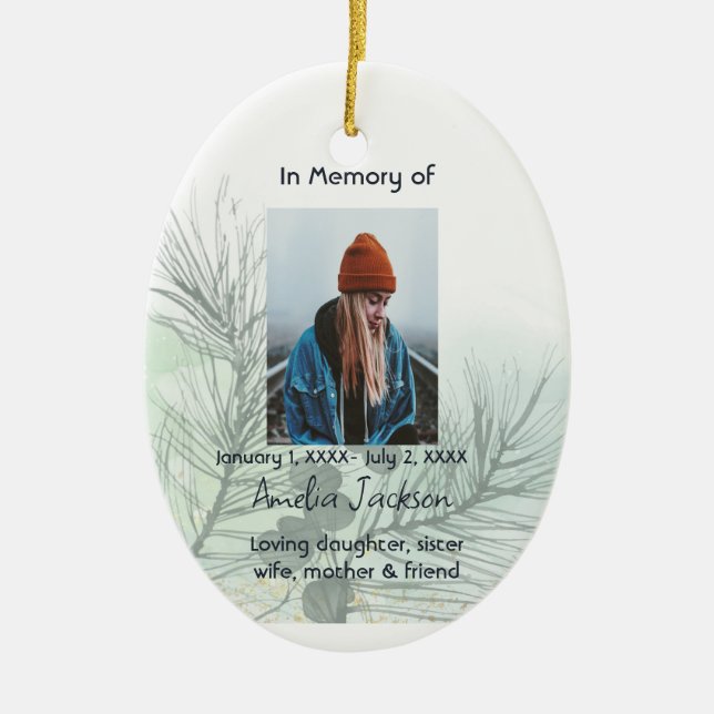 Memorial Prayer Card Spruce Bough Greenery Nature Ceramic Ornament (Front)