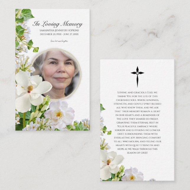 Memorial Prayer Card With White Flowers (Front/Back)