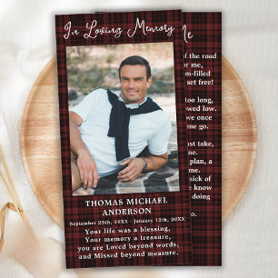 Memorial Prayer Funeral Bookmark Burgundy Plaid