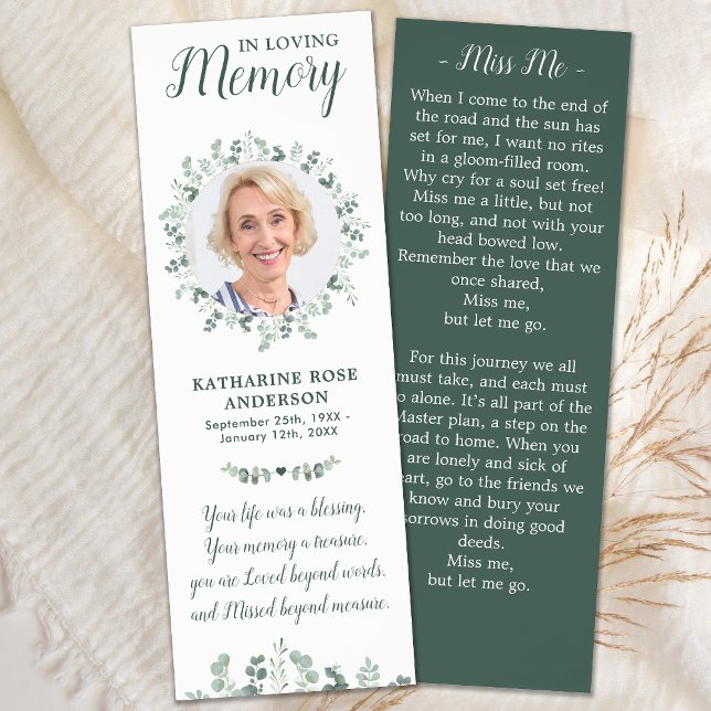 Memorial Prayer Funeral Elegant Photo Eucalyptus Bookmarks (Creator Uploaded)