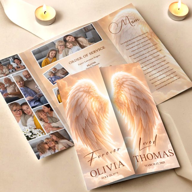 Memorial Program Orange Angel Wings Obituary Flyer (Funeral Program Orange Angel Wings Obituary Template Flyer, Funeral Memorial, Loss of Mother)
