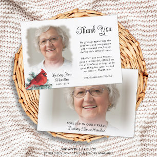 Memorial Red Cardinal Evergreen 2 Photos Thank You Card