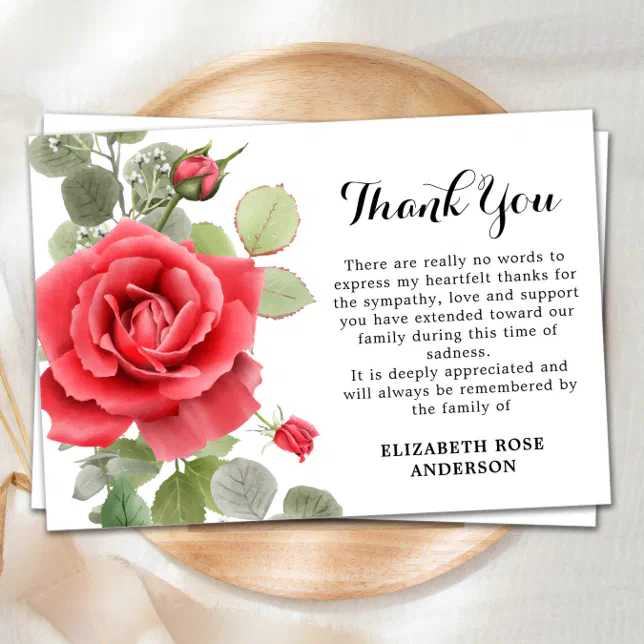 Memorial Red Rose Floral Sympathy Funeral Thank You Card 