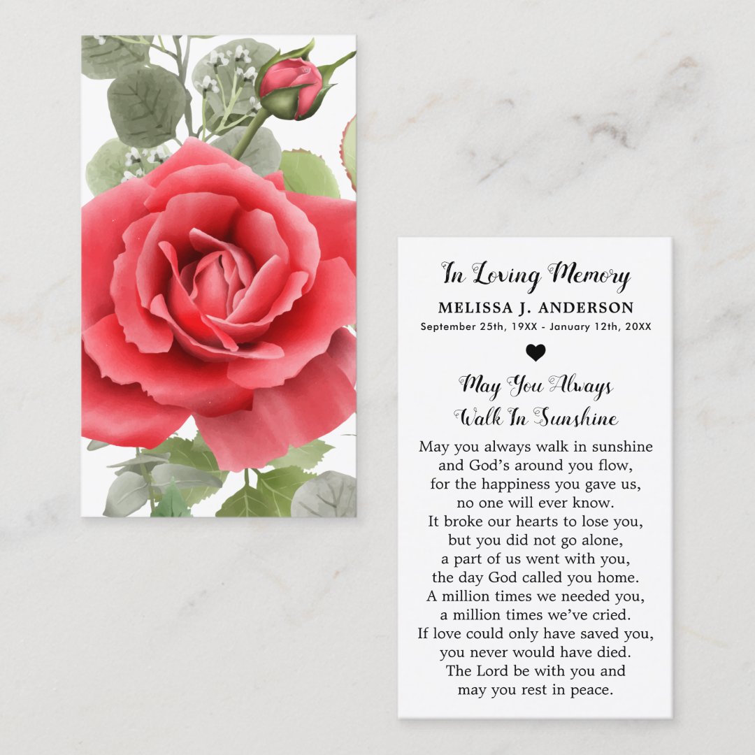 Memorial Red Rose Sympathy Funeral Prayer Card Zazzle